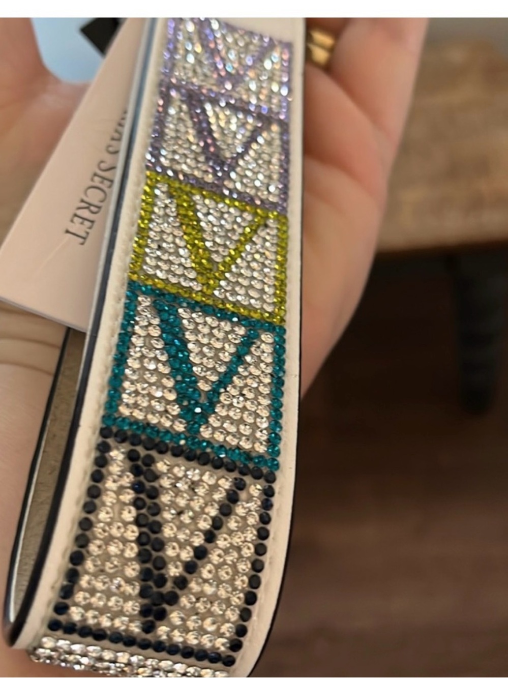 Victoria's Secret White Wristlet Strap/keychain with Multicolor Crystal Squares